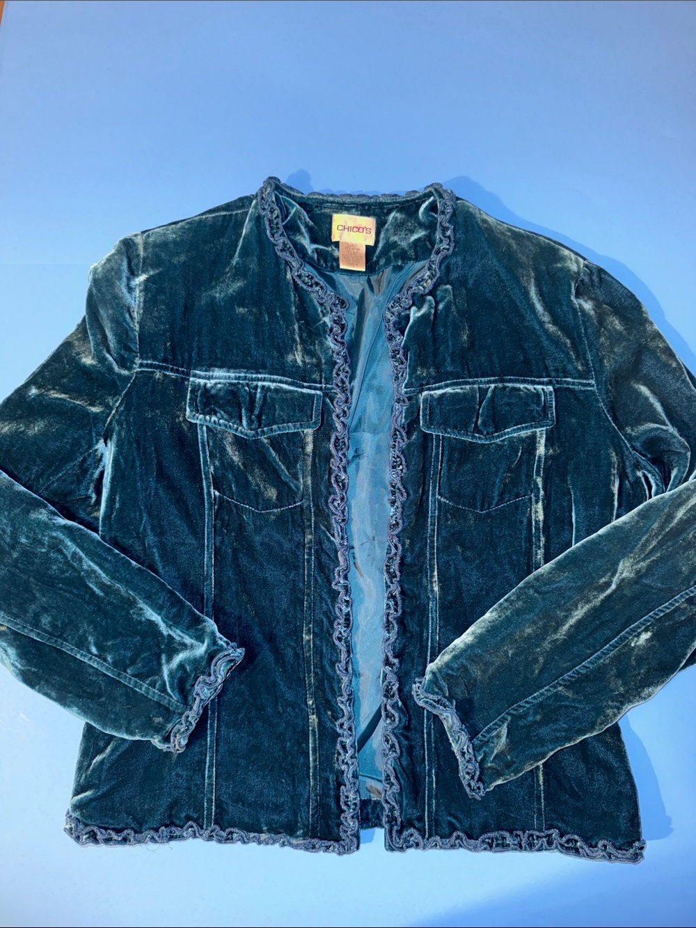 Chico's Deep Teal Crushed Velvet Ruffle-Trim Jacket